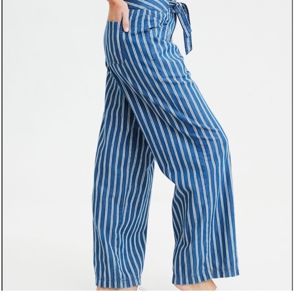 American Eagle Striped Blue Wide-Leg high waisted palazzo Pants 16 - Picture 2 of 11